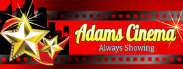 Personalized home theater sign featuring golden stars, a red film strip, and a city skyline silhouette.