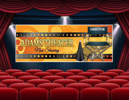 Personalized home theater sign featuring a film reel, director's chair, and megaphone with customizable text on two lines and the chair, surrounded by a film strip border.