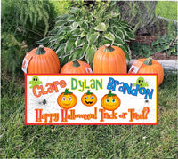 Image of Personalized Happy Halloween Sign with Colorful Choice of Green Ghosts or Pumpkins with Spider Web