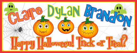 Image of Personalized Happy Halloween Sign with Colorful Choice of Green Ghosts or Pumpkins with Spider Web