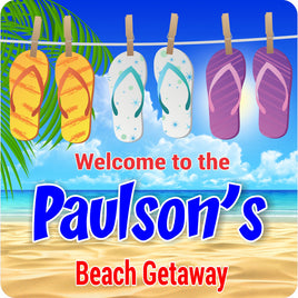 Personalized welcome beach sign displaying flip flops on a clothesline against an ocean background, with editable text options.
