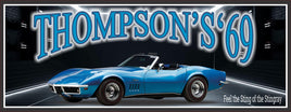 Personalized blue 1969 Chevrolet Stingray sign with editable text.