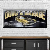 Personalized yellow 1971 Buick GSX sign with black racing stripes and editable text.
