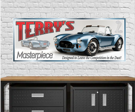 Personalized 1966 AC Shelby Cobra car sign featuring a classic sports car with fully editable text.