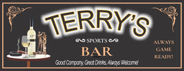 Personalized sports bar sign featuring a cigar, bottle and glass of Pinot Grigio, and a golf trophy with editable text and name.