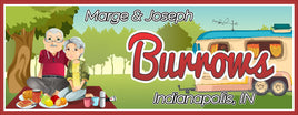 Personalized RV sign featuring a mature couple having a picnic with their RV in the background and editable text.