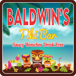 Personalized tiki bar sign featuring tiki masks, tropical drinks, ocean background, and palm fronds with editable text.