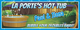 Personalized illustrated hot tub sign with a round wood tub in a lush green backyard.