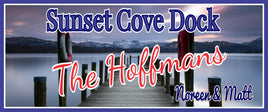 Personalized dock sign featuring a wood pier and life preserver on a calm lake, with fully editable text.