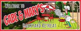 Personalized BBQ sign featuring a cartoon chef, fiery grill, and patio set with umbrella, with fully editable text.