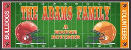 Custom House Divided Sports Sign featuring a football field, helmets, and team colors with fully editable text.