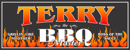 Custom BBQ Master sign featuring orange tribal flames, available in rectangular or square shapes, with fully editable text for personalization.