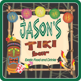 Personalized Exotic Tiki Bar sign featuring a tribal tiki mask, party lanterns, bamboo frame, and tiki torches, with customizable name and bottom text.