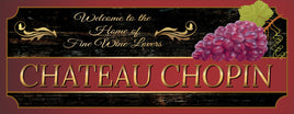 Personalized Wine Chateau Welcome Sign featuring grape motifs and elegant flourishes in purple and gold, with fully editable text for customization.