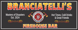 Customizable firehouse bar sign with flame font, firefighter emblem, and editable established date text.