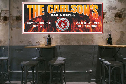Personalized firefighter-themed bar and grill sign with editable text, featuring a flame background and fire rescue emblem.