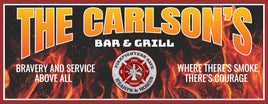 Personalized firefighter-themed bar and grill sign with editable text, featuring a flame background and fire rescue emblem.