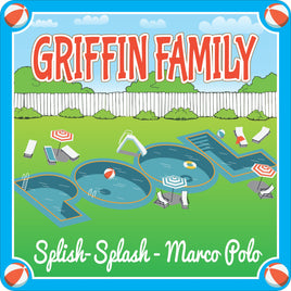 Personalized swimming pool sign with the word "POOL" shaped as water-filled pools, surrounded by lawn chairs, beach umbrellas, a water slide, a raft, and a border featuring red and white beach balls.