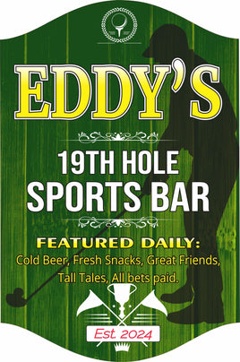 Personalized 19th Hole Sports Bar sign featuring a golfer silhouette with editable text for the name, "19th Hole Sports Bar," "Featured Daily," and established date. Ideal for golf enthusiasts.