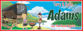 Personalized RV sign featuring a fisherman and his wife barbecuing near a river. All lines of text are editable, including family name, first names, and a tagline.