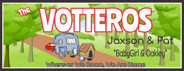 Personalized sign featuring a red pickup truck towing a 5th wheel and a dog house with the caption "Wherever We Roam, We Are Home." All lines of text are editable, including family name, first names, and pets' names.