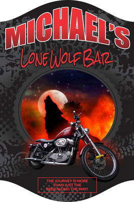 Personalized biker sign with editable text, featuring a howling wolf, full moon, and motorcycle.