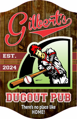 Personalized baseball bar sign with editable text and colors, featuring a classic baseball font, dark wood-style background, and an illustration of a baseball player hitting a home run.