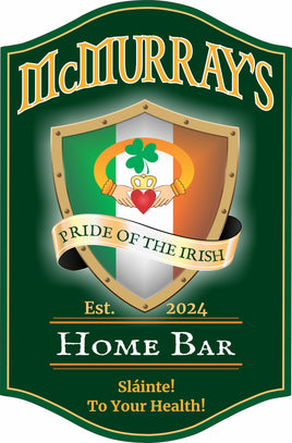 Personalized Irish bar sign with editable text, featuring the Irish flag, a Claddagh ring, and the quote "To your health!" on a rich green background. Perfect for home bars or Irish pubs.