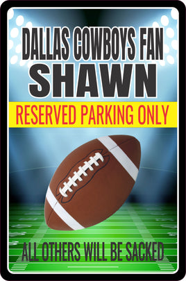 Personalized football parking sign with editable text, featuring a football field background, choice of football or helmet graphic, and customizable team colors.