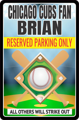 Personalized baseball reserved parking sign with editable text, featuring a baseball field background, crisscrossed bats, and a large baseball.