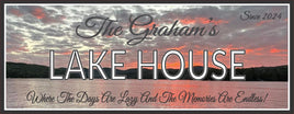 Personalized Lake House Sign depicting a stormy sunset sky over tranquil waters. Custom wall art designed for lakefront homes, adding rustic charm or modern elegance. Handcrafted with meticulous attention to detail, featuring customizable options for a unique touch. Bring the beauty of the stormy sunset sky into your home with this stunning piece of decor.