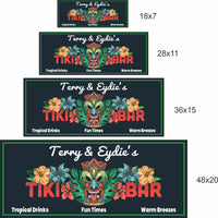 Personalized Tiki Bar Sign - Colorful Mask, Hibiscus Flowers, and Ferns - Custom Tropical Wall Decor (4 Sizes)