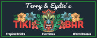 Personalized Tiki Bar Sign with Colorful Mask, Hibiscus Flowers, and Ferns - Custom Tropical Wall Decor in 4 Sizes