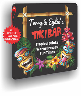 Handcrafted Personalized Tiki Bar Sign featuring Vibrant Masks & Bamboo Décor, a Customizable Island Oasis Art piece
