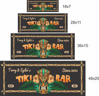 Personalized Tiki Bar Sign with Custom Name and Established Date - Tiki Mask, Ferns, and Hibiscus Flowers