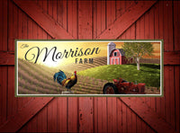 Image of a personalized farm sign featuring a rustic red barn, vintage tractor, and proud rooster, perfect for farmhouse decor.