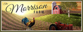 Image of a personalized farm sign featuring a rustic red barn, vintage tractor, and proud rooster, perfect for farmhouse decor.