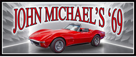 Personalized vintage sign featuring a 1969 red Stingray convertible with customizable text, perfect for classic car enthusiasts.