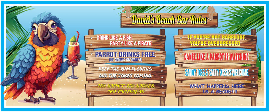 Personalized beach bar sign featuring a colorful drinking parrot with funny quotes. The vibrant sign adds a fun and lively touch to any coastal space, perfect for beachside retreats, tiki bars, or patios. Customizable with up to four lines of text.