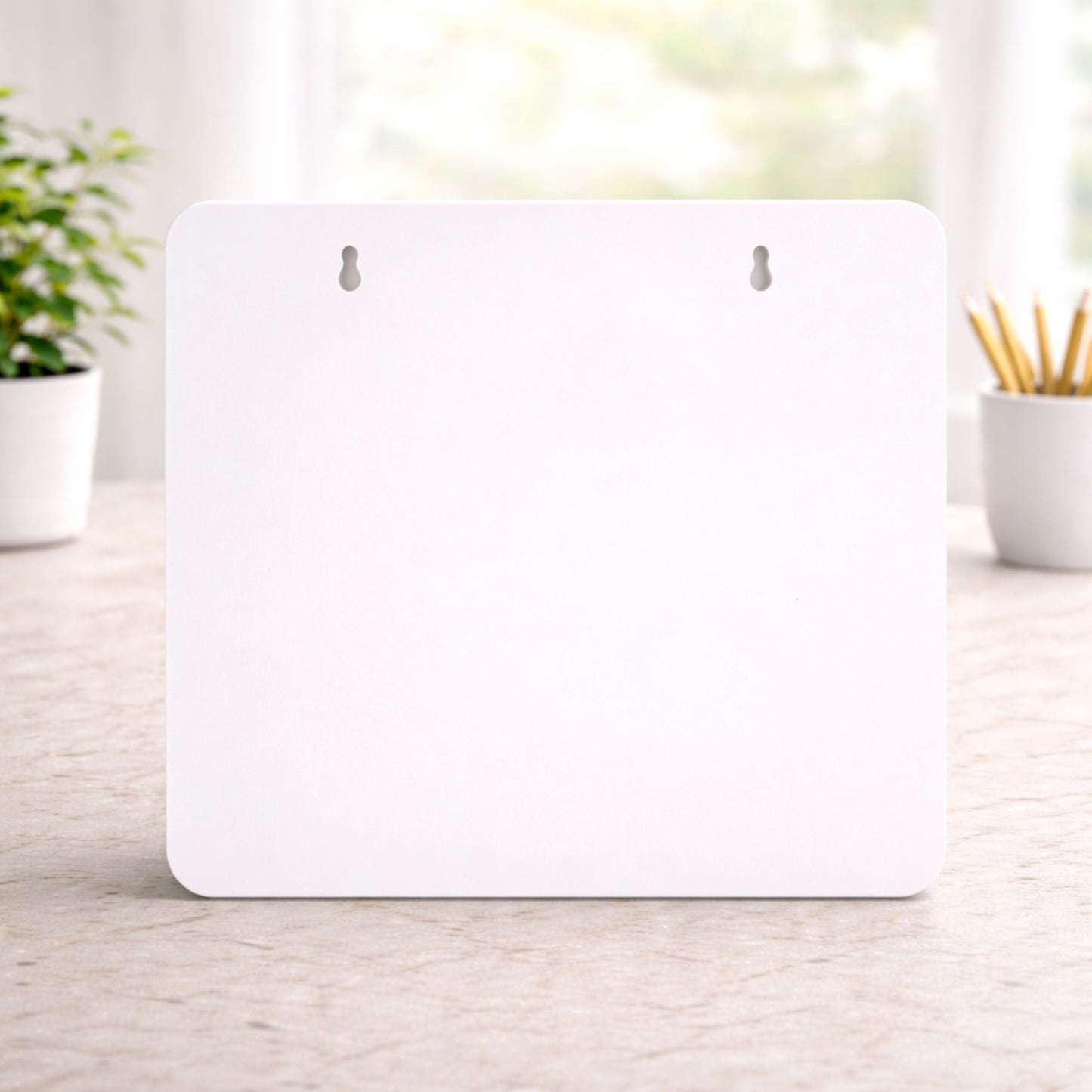 Back of square PVC sign showing keyhole slots for wall mounting