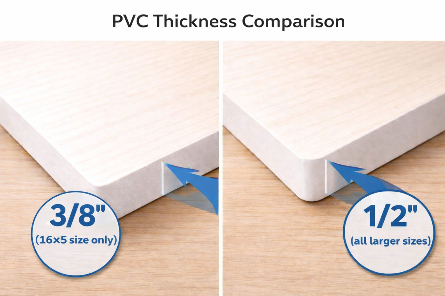 PVC sign thickness comparison showing 3/8 inch board for 16x5 size and 1/2 inch board for larger sizes