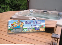 Family Hot Tub House Rules Sign: 'No Wizzin’ Allowed' - Deck Scene with Potted Plants