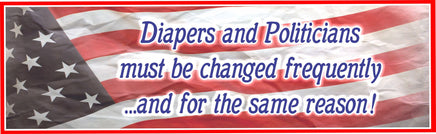 Humorous novelty sign featuring the quote 'Diapers and Politicians Must Be Changed Frequently and For the Same Reason' on a waving flag background