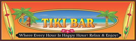 Novelty Tiki Bar sign featuring surfboards, the ocean, and palm trees for a tropical, beach-themed vibe