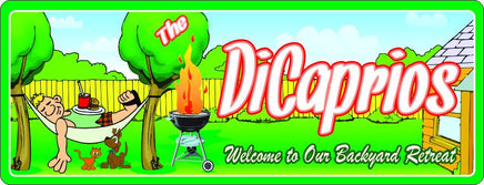 Green Backyard Welcome Sign with Lazy Man, Cat & Dog