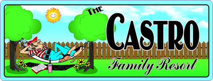 Family Resort Custom Outdoor Sign with Backyard & Man in Hammock