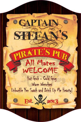 Custom Pirate's Pub Bar Sign - Set sail for style with our personalized sign featuring classic pirate design elements. Printed on durable vinyl, this sign is fully customizable, making it a perfect addition to any home bar or pirate-themed area