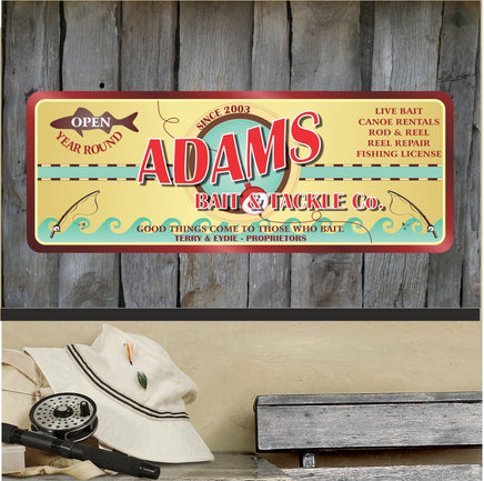 Image of a custom fishing sign featuring personalized Bait & Tackle details and cabin name, perfect for rustic decor