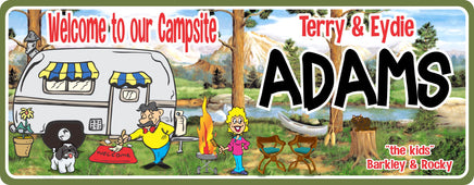 Happy Couple Camp Sign with Barbecue, Stream & RV