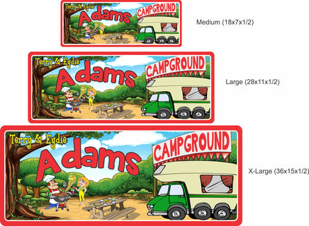 Personalized RV Camp Sign with BBQ & Picnic Table- 3 sizesCustomized RV Campground Sign depicting a couple cooking at their campsite, highlighting the relaxed and friendly RV lifestyle. This personalized sign includes editable text for family names or messages, serving as a unique identifier and conversation starter at any campsite. Ideal for RVers seeking to enhance their camping spot with a touch of personal flair.